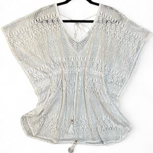 Lace Boho V Neck Sheer Women's White Crochet Swim Cover-Up Tunic